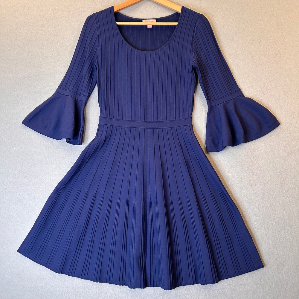 Lilly Pulitzer Brandi Dress Small Navy Blue Ribbed Knit Bell Sleeve Fit & Flare